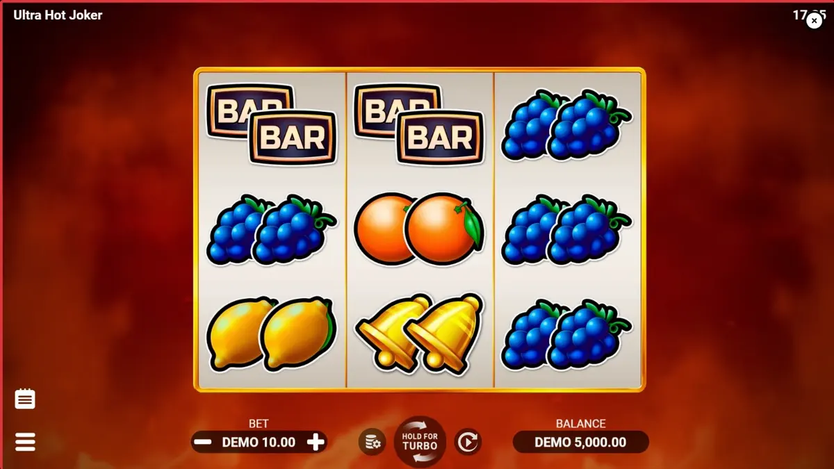 Interface do jogo Ultra Hot Joker com frutas flamejantes e o Joker