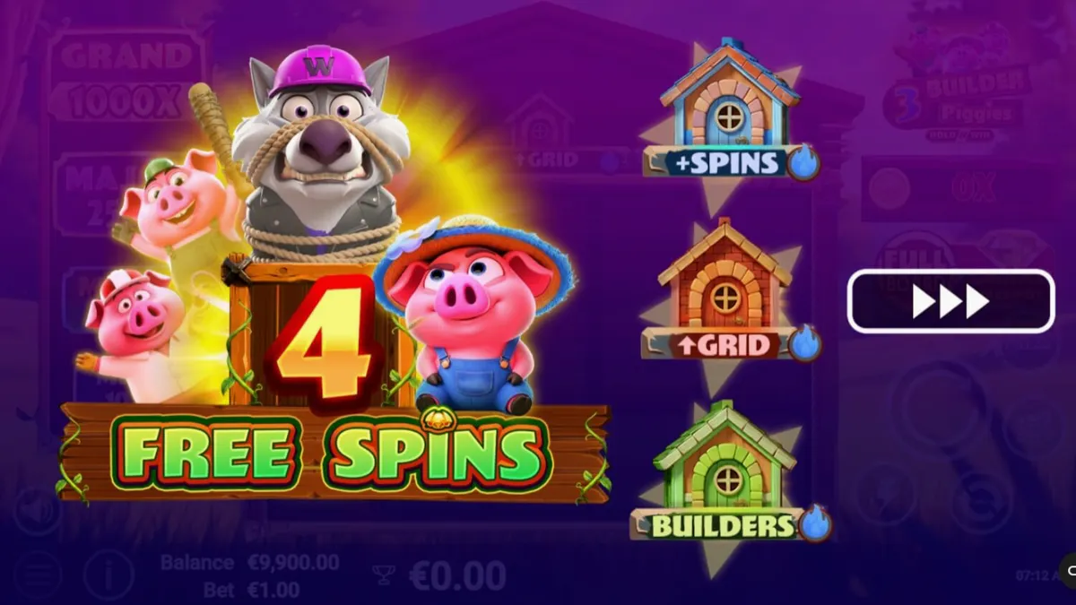 Interface colorida e animada do slot 3 Builder Piggies com porquinhos e elementos de construção.